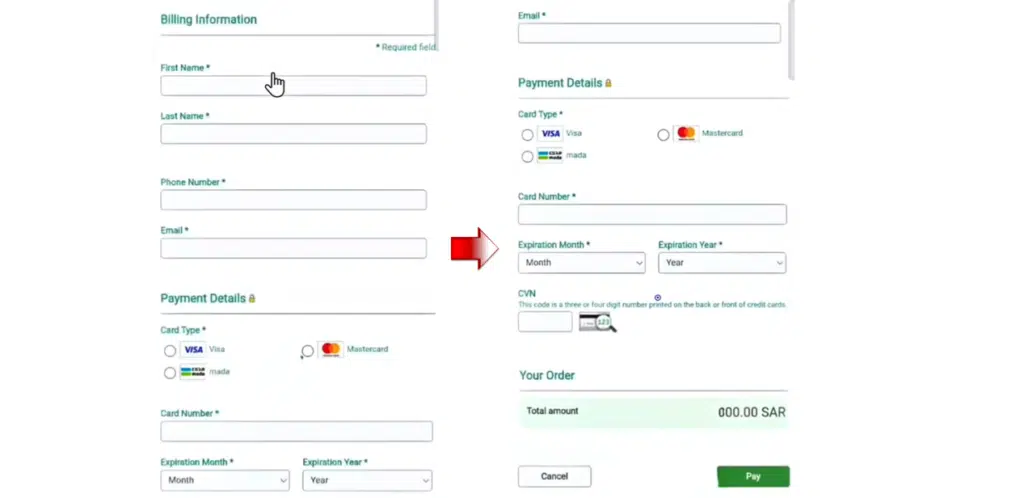 Iqama fine payment online Saudi billing details card payment form