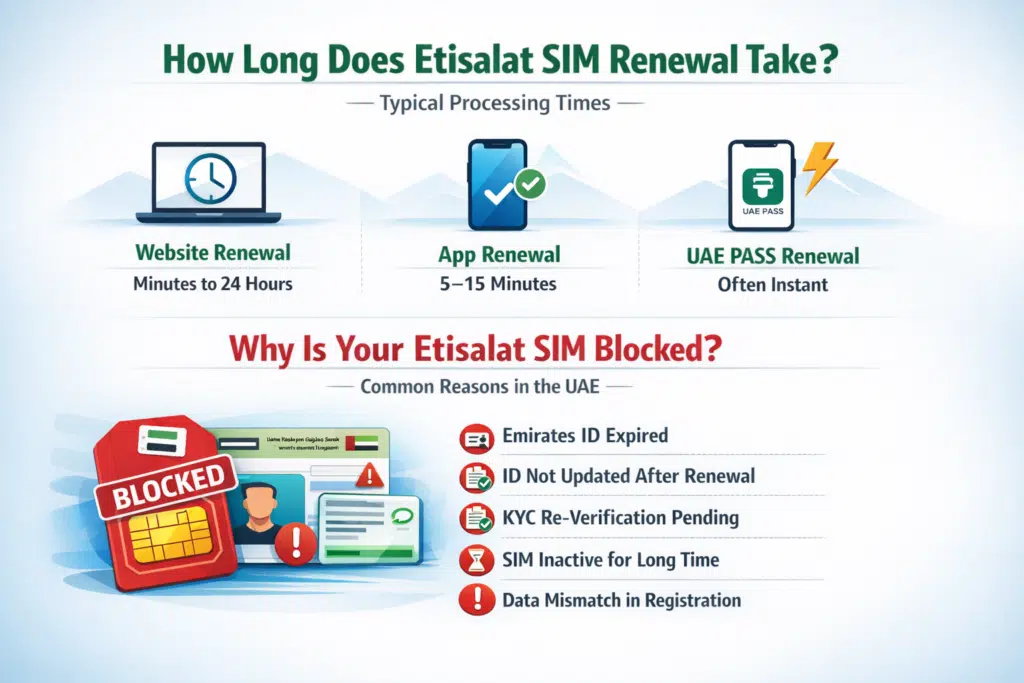 Infographic showing Etisalat SIM renewal processing times (website, app, UAE PASS) and common reasons for SIM suspension in the UAE.