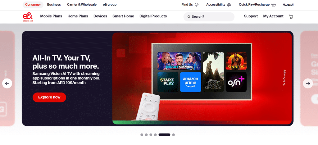 e& (Etisalat) UAE official website homepage with mobile plans and digital services