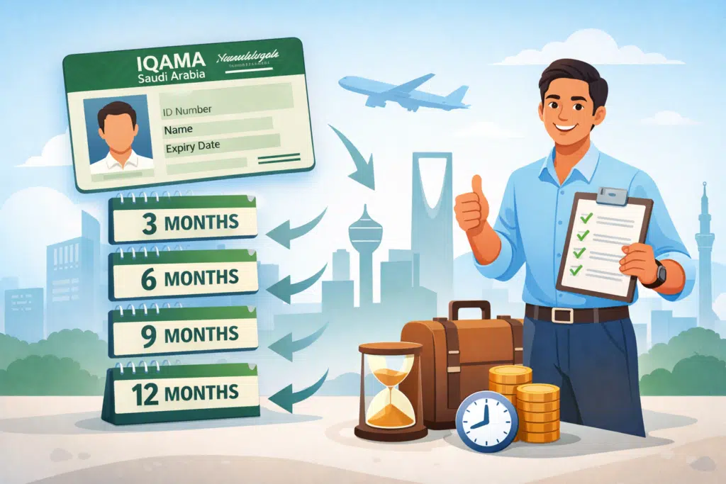 Flexible Iqama renewal periods in Saudi Arabia showing 3, 6, 9, and 12 month options with an animated expat worker and Iqama card illustration.