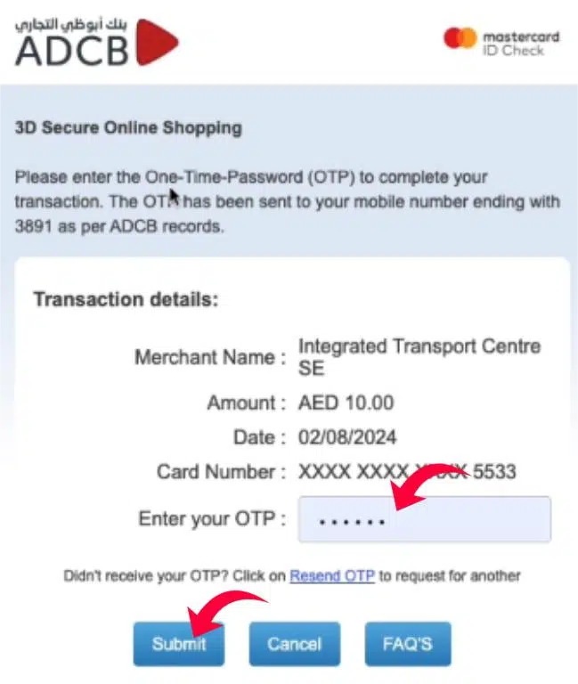Hafilat card recharge OTP verification screen with ADCB 3D secure payment confirmation