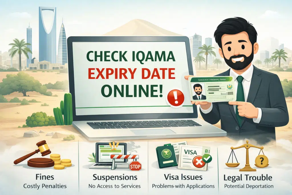 Infographic showing steps to check Iqama expiry online using Absher and Saudi government portals.