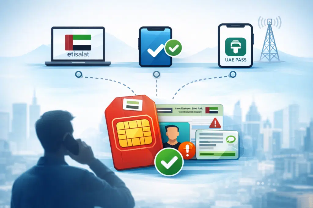 Infographic illustration of Etisalat SIM renewal online in UAE showing website, mobile app, and UAE PASS verification with SIM card and Emirates ID visuals.