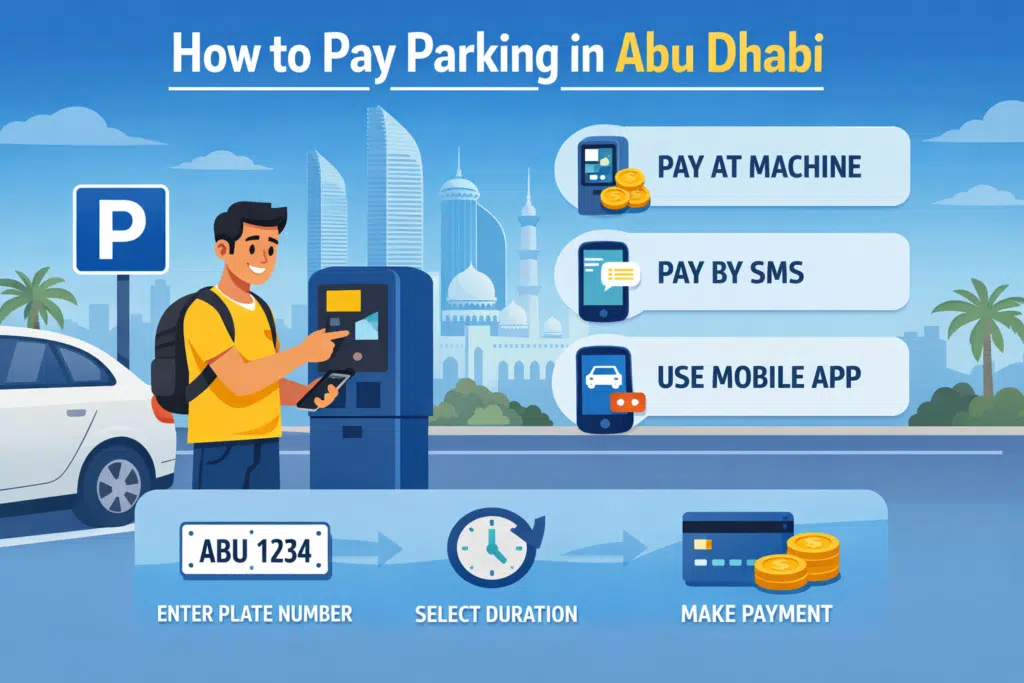 How to pay parking in Abu Dhabi using SMS, parking machine, or mobile app illustration