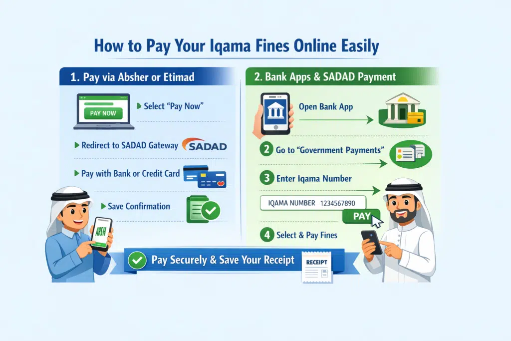 Iqama fine payment infographic showing how to pay online via Absher, Etimad, and SADAD bank apps