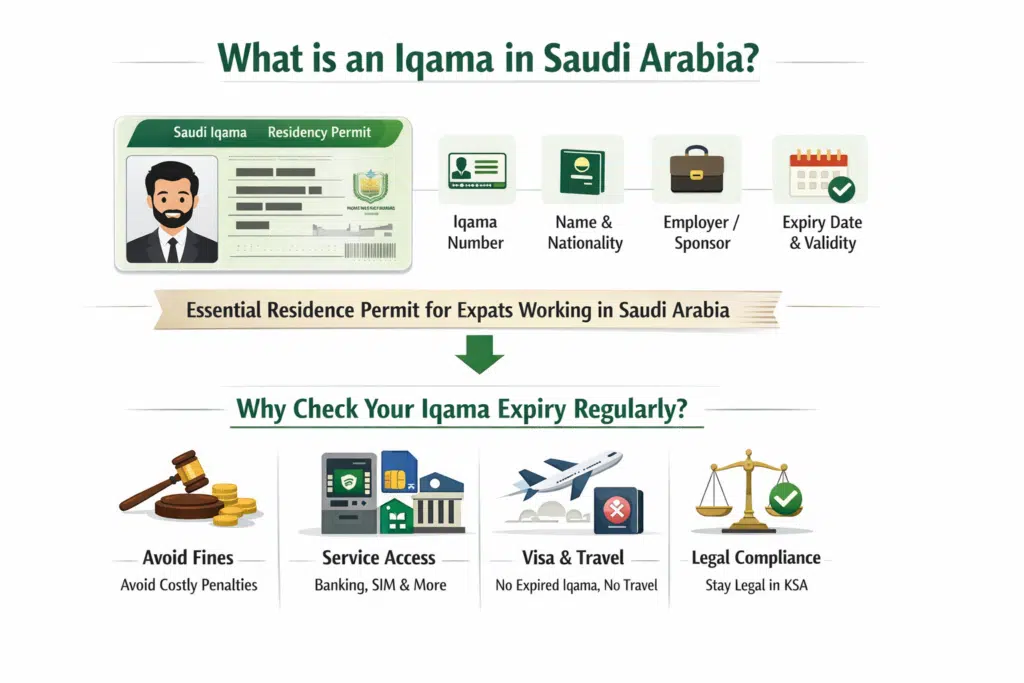 Infographic explaining Iqama in Saudi Arabia and why checking Iqama expiry date is important.