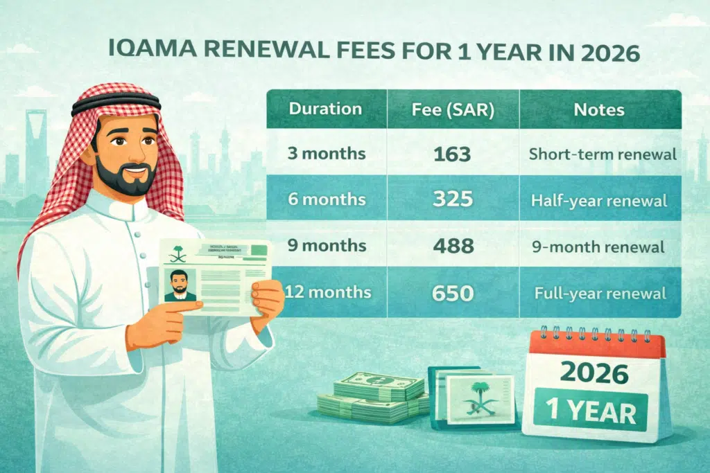 Iqama renewal fees for 1 year in 2026 Saudi Arabia showing fee table for 3 months 6 months 9 months and 12 months renewal