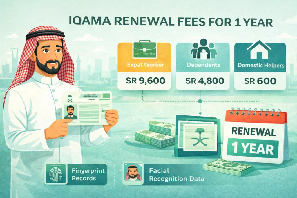 Iqama renewal fees for 1 year in Saudi Arabia showing expat worker dependent and domestic helper fee structure