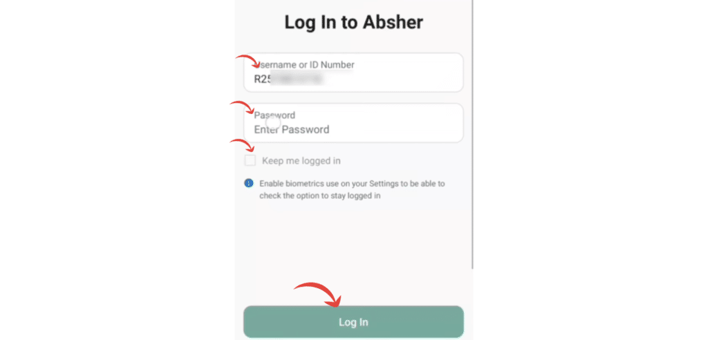 Logging in to Absher account using username or ID number to check Iqama expiry online.
