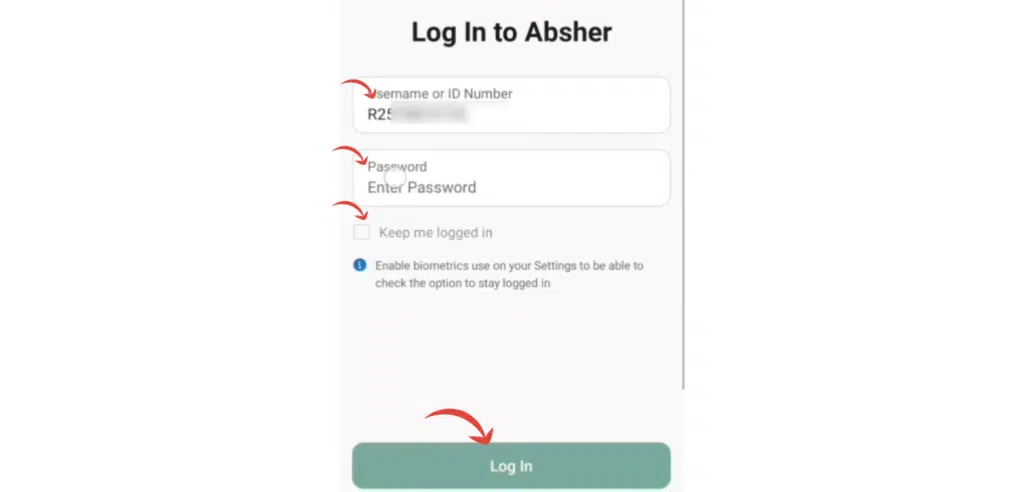 Logging in to Absher account using username or ID number to check Iqama expiry online.
