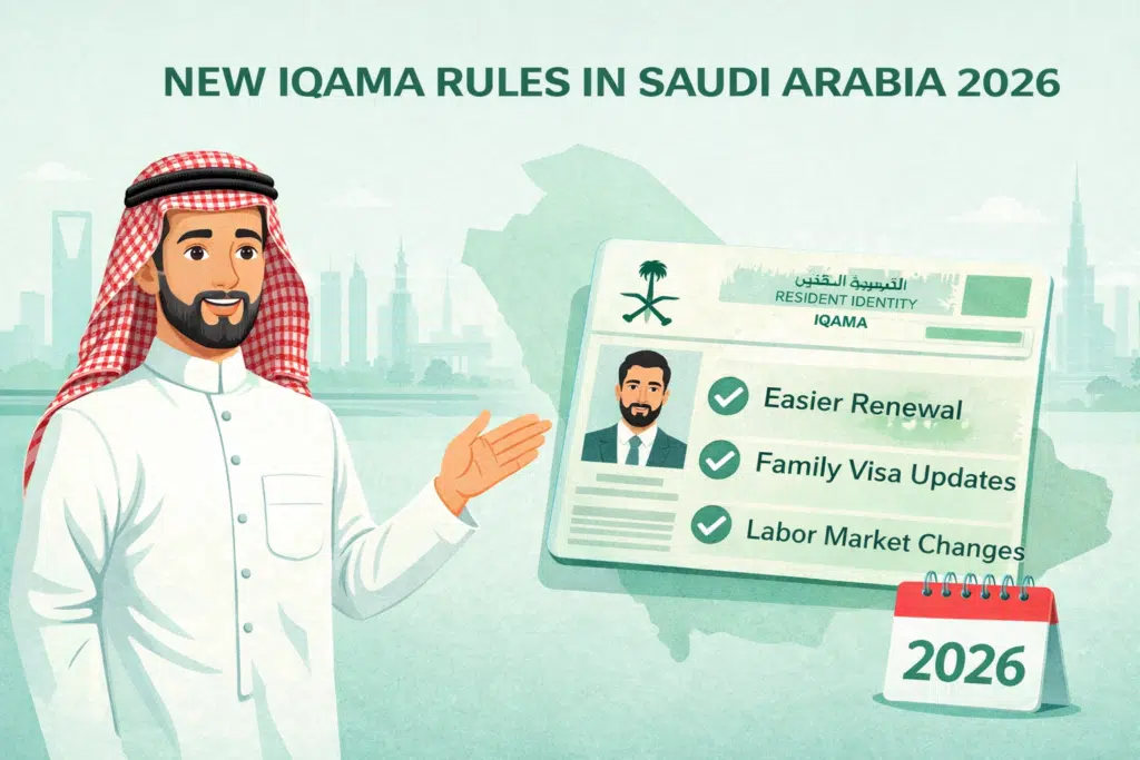 New Iqama Rules in Saudi Arabia 2026 illustration showing Saudi resident ID card updates and expat rule changes
