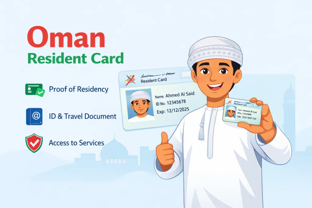 Oman Resident Card illustration with animated man holding ID showing residency proof and identification document in Oman