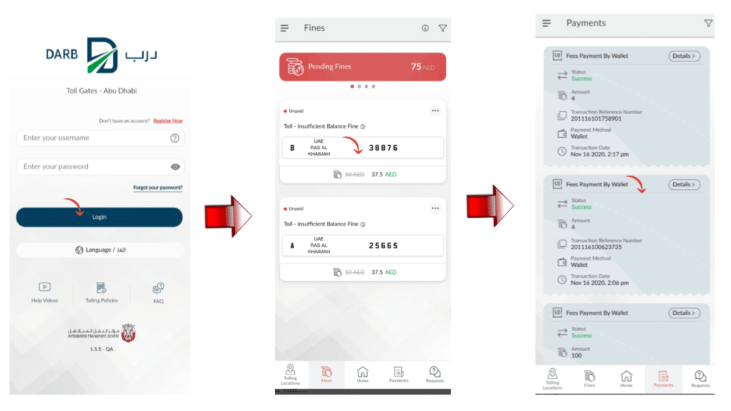 DARB app Abu Dhabi parking fines check and payment process step by step illustration