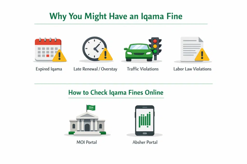 Iqama fines infographic showing reasons like expired Iqama and how to check fines online via MOI and Absher portals