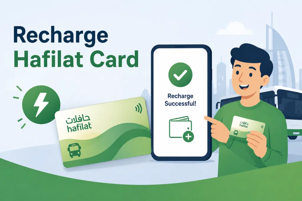 Recharge Hafilat Card online using a mobile phone, Hafilat card, and public bus in Abu Dhabi