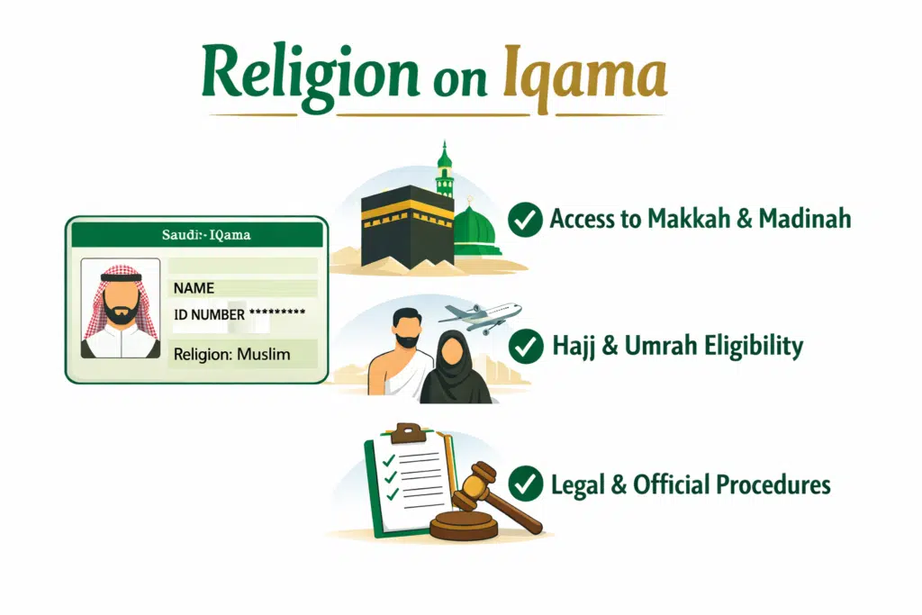 Iqama religion status infographic showing impact on Makkah access, Hajj, and legal procedures.