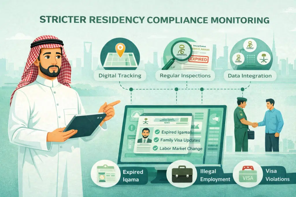 Saudi Arabia stricter residency compliance monitoring showing digital tracking system checking Iqama status and visa violations