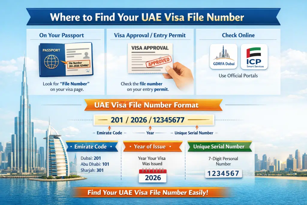 Infographic showing how to find your UAE visa file number on passport, entry permit, and online portals with format explained.