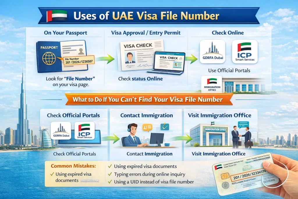Infographic showing the uses of UAE visa file number and steps to take if it’s missing, including visa renewal, Emirates ID, online checks, and official guidance.