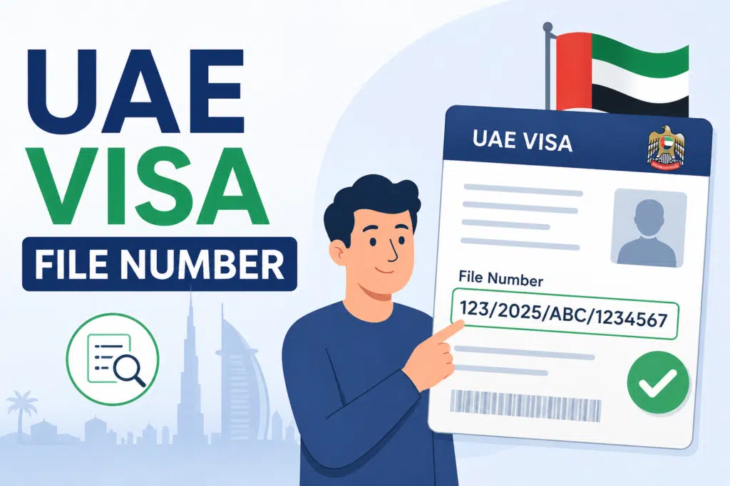 UAE Visa File Number shown on a visa document with an animated person pointing to the file number