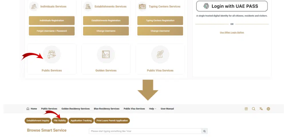 ICP UAE smart services public visa inquiry and file validity options