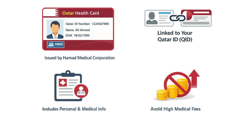 Qatar health card infographic showing benefits, QID link, and affordable healthcare access