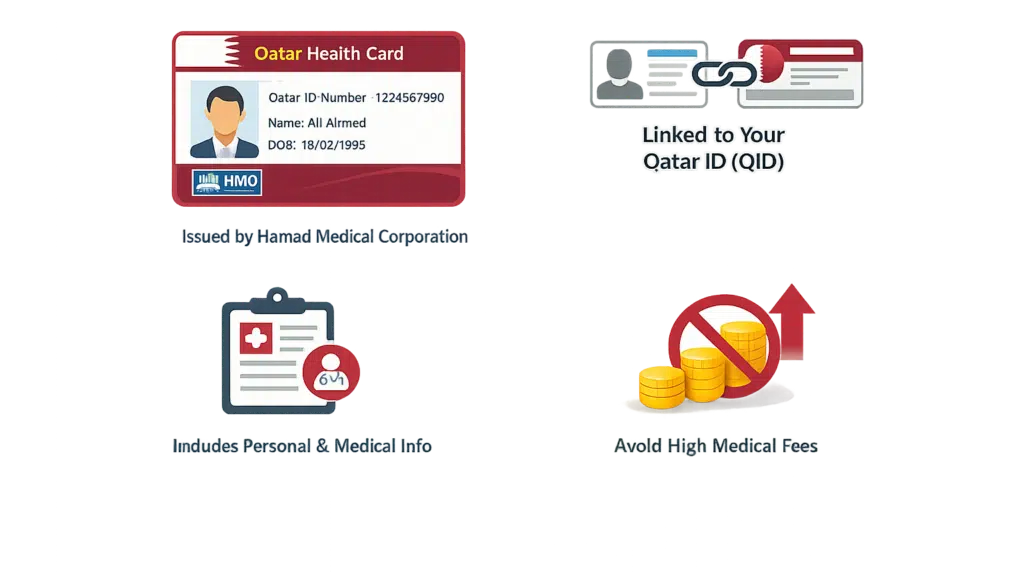 Qatar health card infographic showing benefits, QID link, and affordable healthcare access