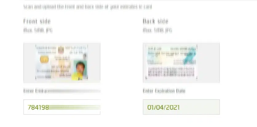 Upload front and back side of Emirates ID for mobile number renewal verification