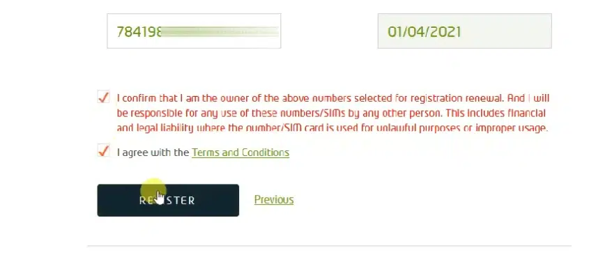Submit mobile registration renewal request on e& website with confirmation checkboxes and register button