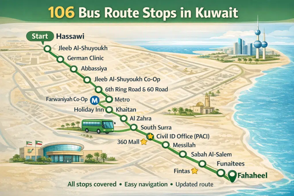 106 Bus Route Kuwait Map with All Stops from Hassawi to Fahaheel