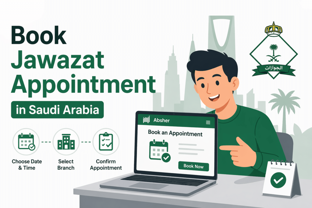 Book Jawazat appointment Saudi Arabia Absher guide showing expat using laptop to schedule passport office appointment