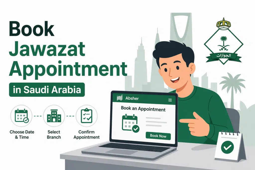 Book Jawazat appointment Saudi Arabia Absher guide showing expat using laptop to schedule passport office appointment