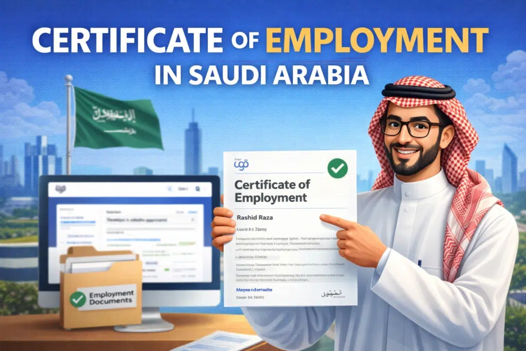 Certificate of employment in Saudi Arabia with Qiwa platform illustration and animated person holding approved document