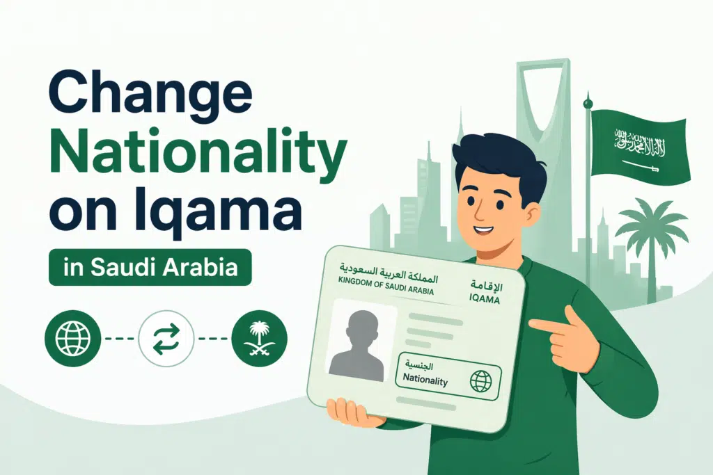 Change nationality on Iqama Saudi Arabia guide showing expat holding Saudi Iqama card with nationality update concept