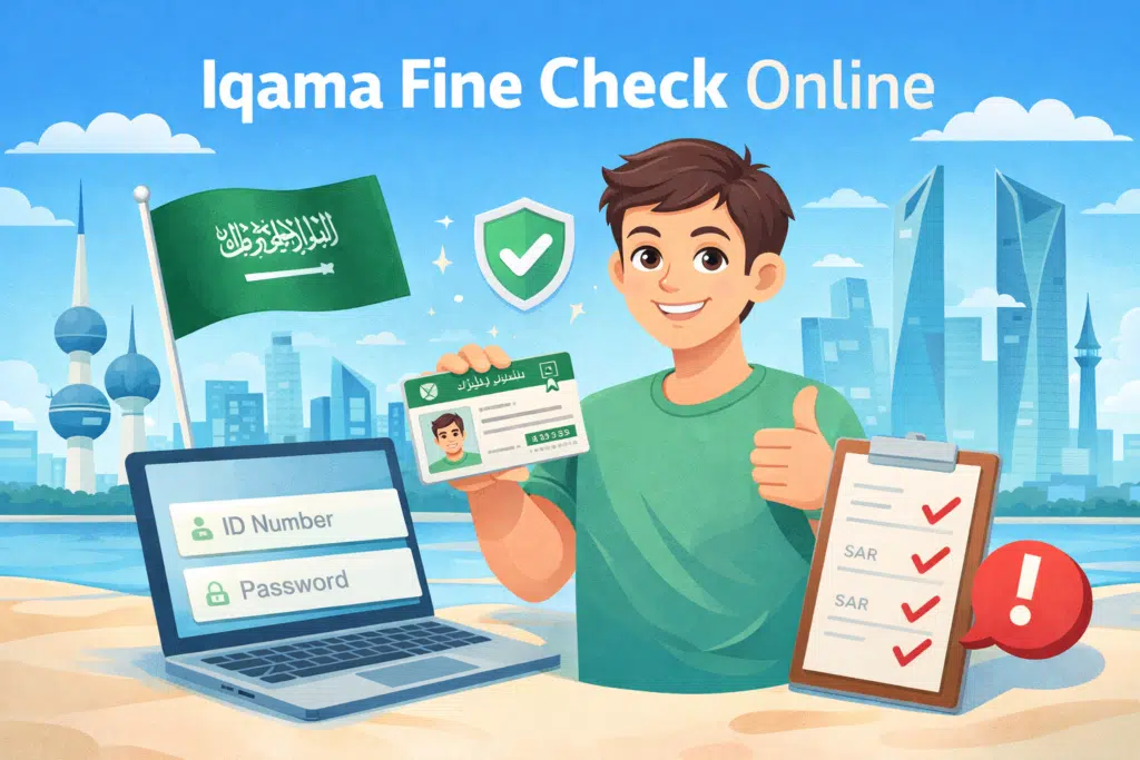Iqama fine check online Saudi Arabia using Absher platform illustration