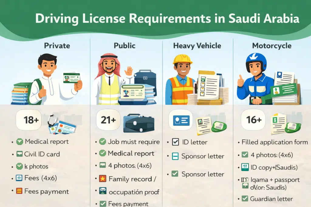 driving license requirements in Saudi Arabia for private public heavy vehicle and motorcycle licenses infographic