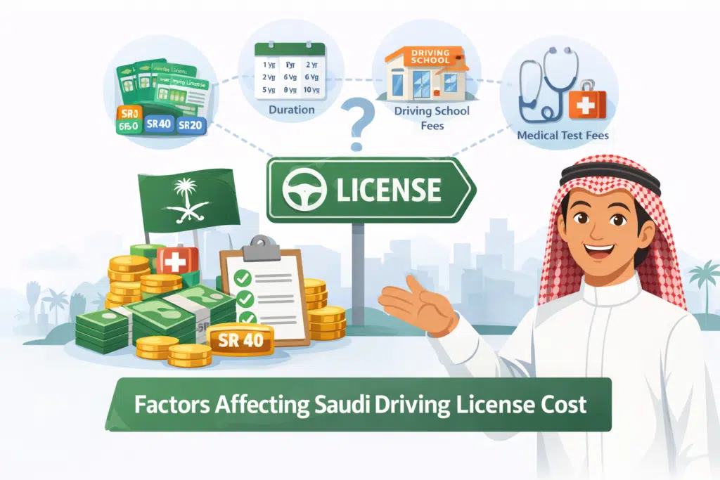 Saudi driving license cost factors illustration with fees, duration, driving school, and medical test icons