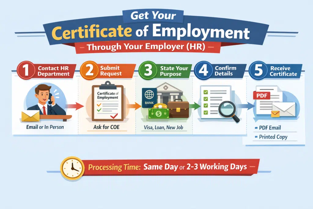 Infographic showing 5 steps to get a Certificate of Employment in UAE through HR, including request, purpose, verification, and delivery.