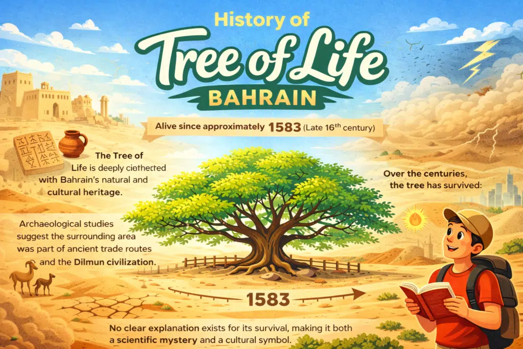 History of Tree of Life Bahrain infographic showing 1583 origin desert ghaf tree and survival conditions