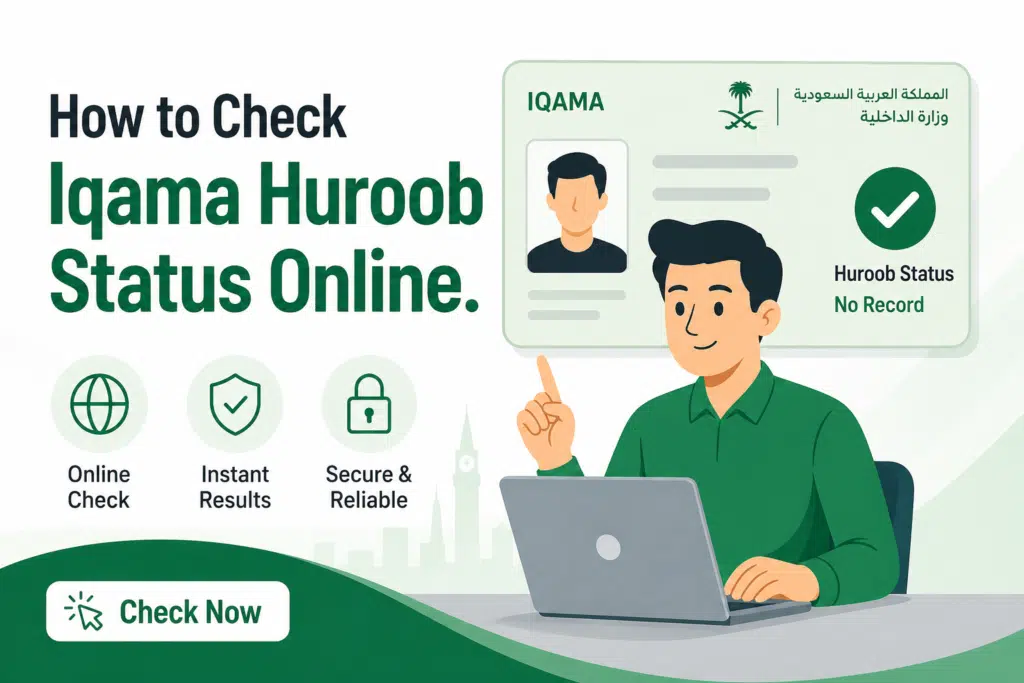 How to check Iqama Huroob status online with animated user using laptop and Saudi Iqama ID showing no Huroob record