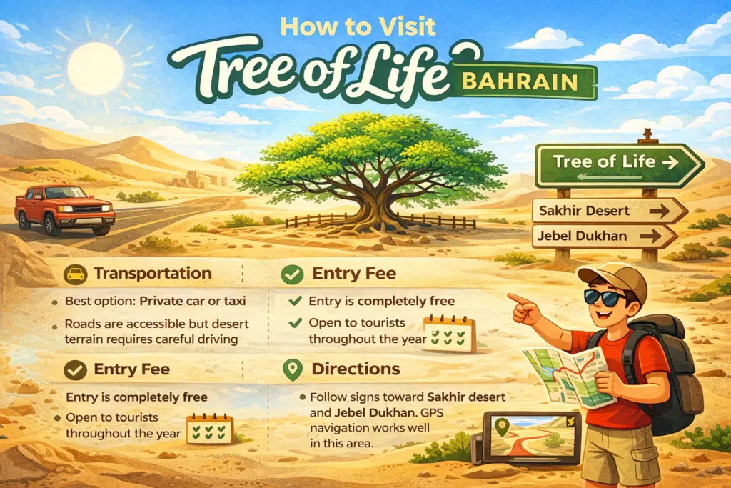 How to visit Tree of Life Bahrain guide with directions Sakhir desert Jebel Dukhan transport and free entry info