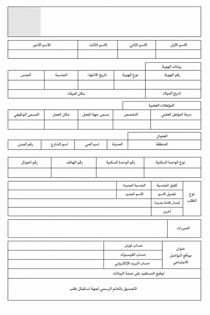 Saudi Iqama nationality change form template Arabic showing personal details and nationality update section