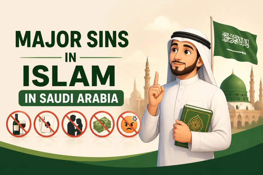 Major sins in Islam in Saudi Arabia illustration with Muslim man holding Quran and prohibited acts symbols like alcohol, gambling, and money