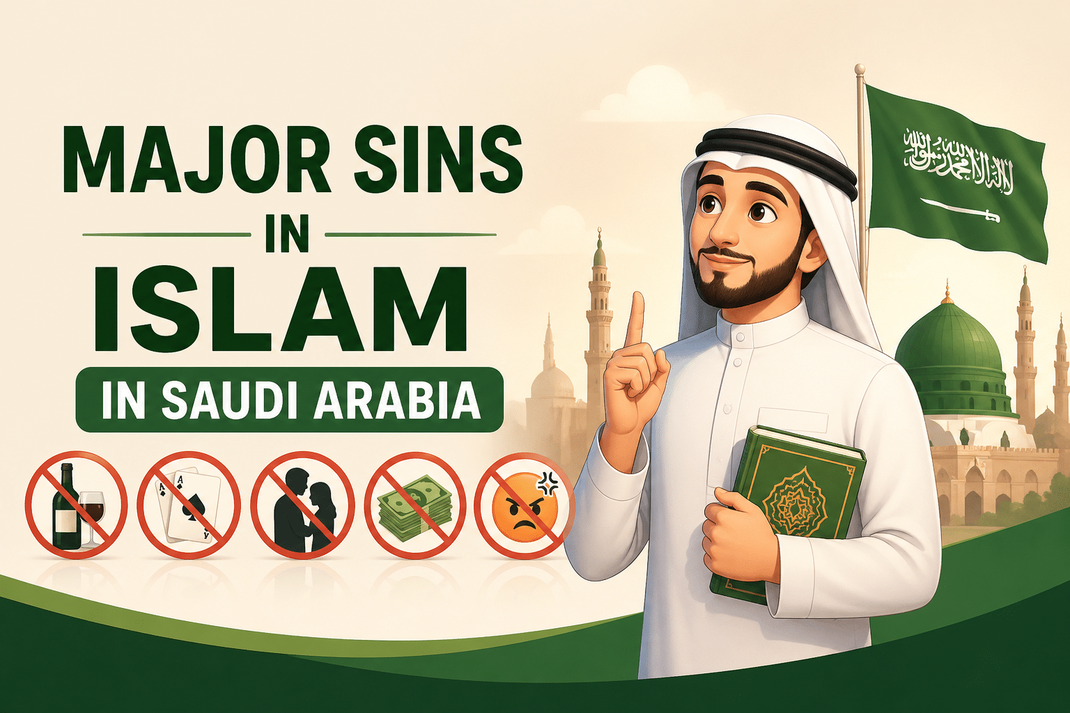 Major sins in Islam in Saudi Arabia illustration with Muslim man holding Quran and prohibited acts symbols like alcohol, gambling, and money