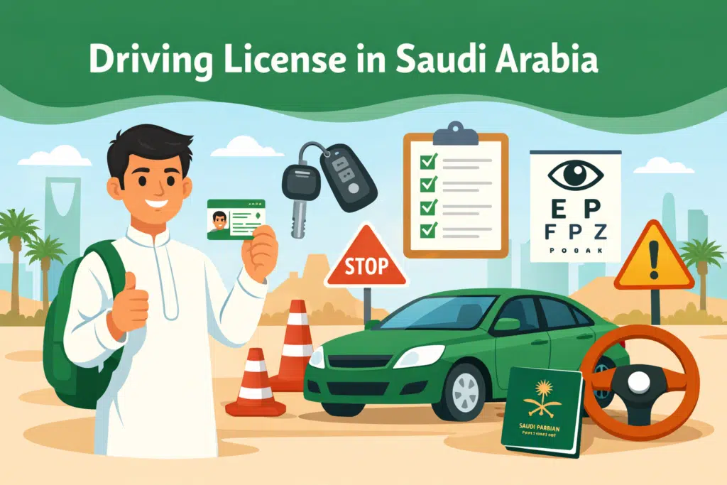 Driving license in Saudi Arabia guide illustration showing man holding license, car, traffic signs, and driving test checklist