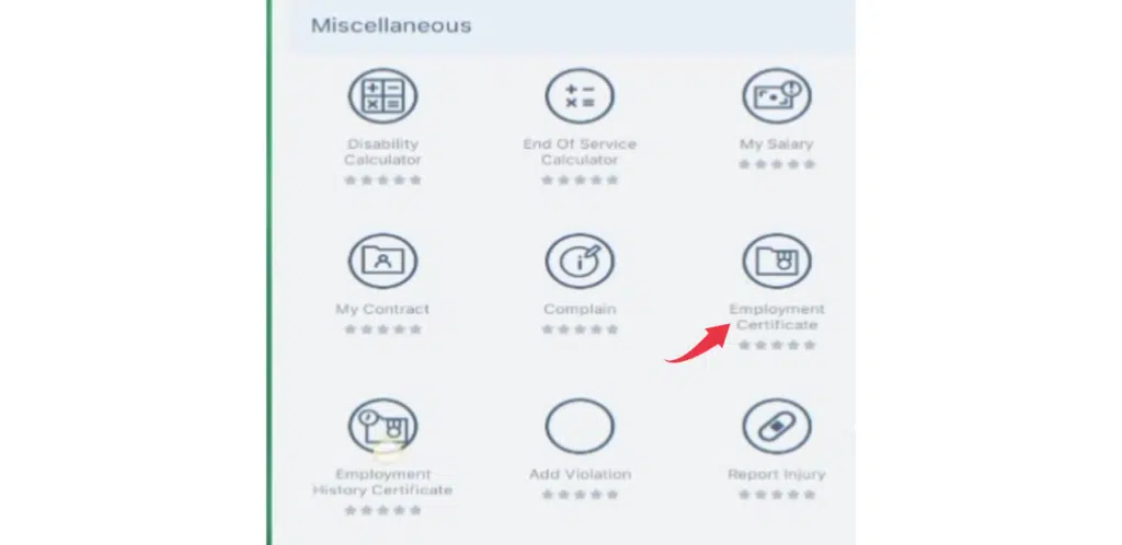 Select employment certificate option in MOHRE app UAE