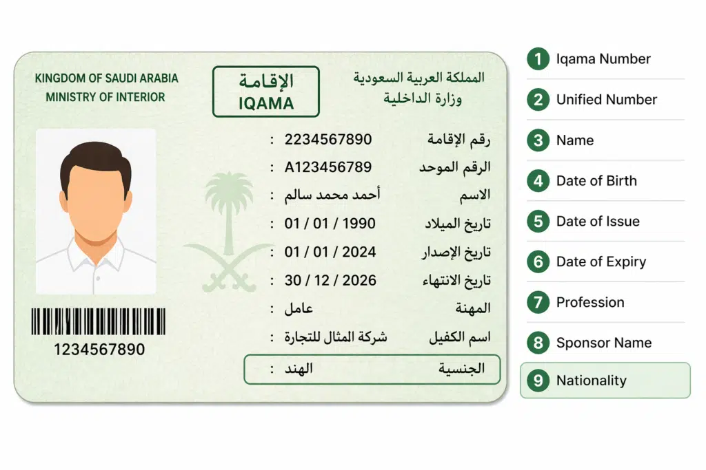 Saudi Iqama card fields explained with nationality highlighted as 9th item on Saudi Arabia residence permit
