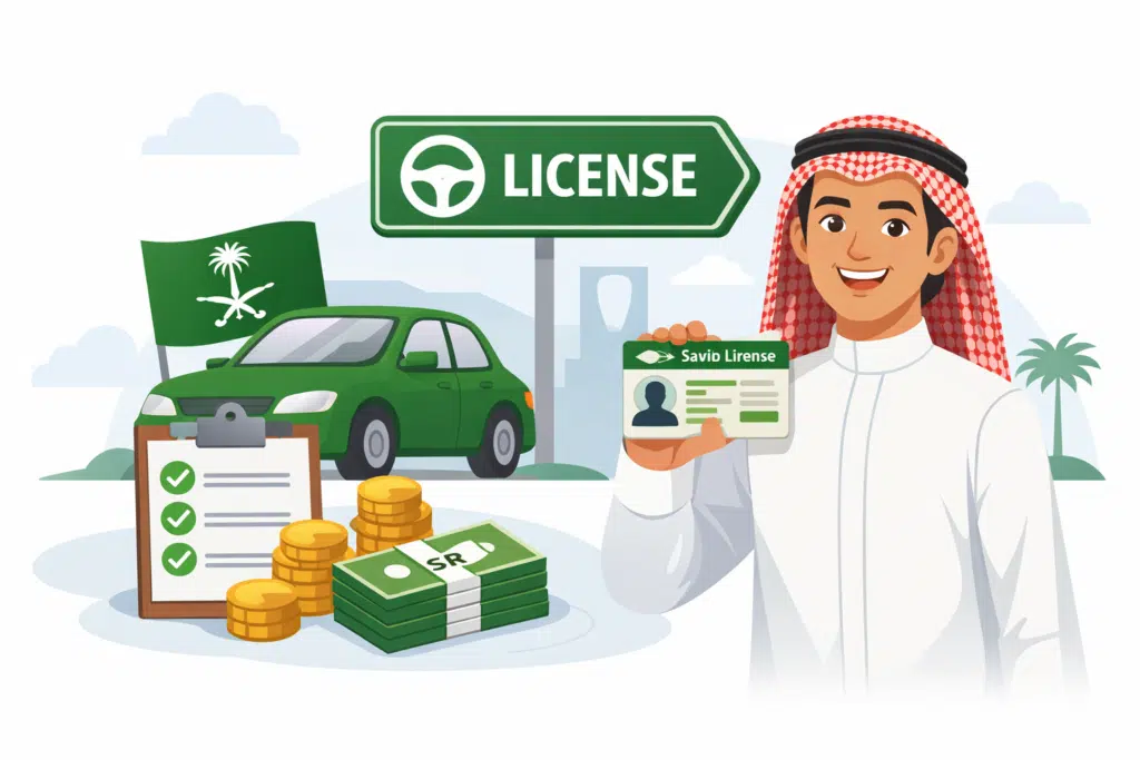 Saudi driving license cost illustration with fees, car, license card, and Saudi man holding license