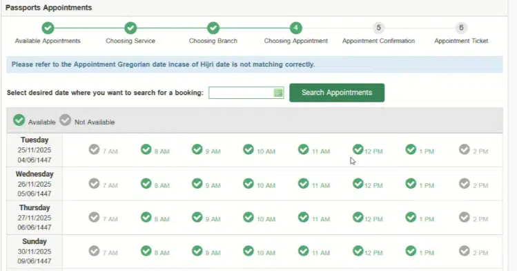 Absher passport appointment calendar showing available time slots for Jawazat booking in Saudi Arabia