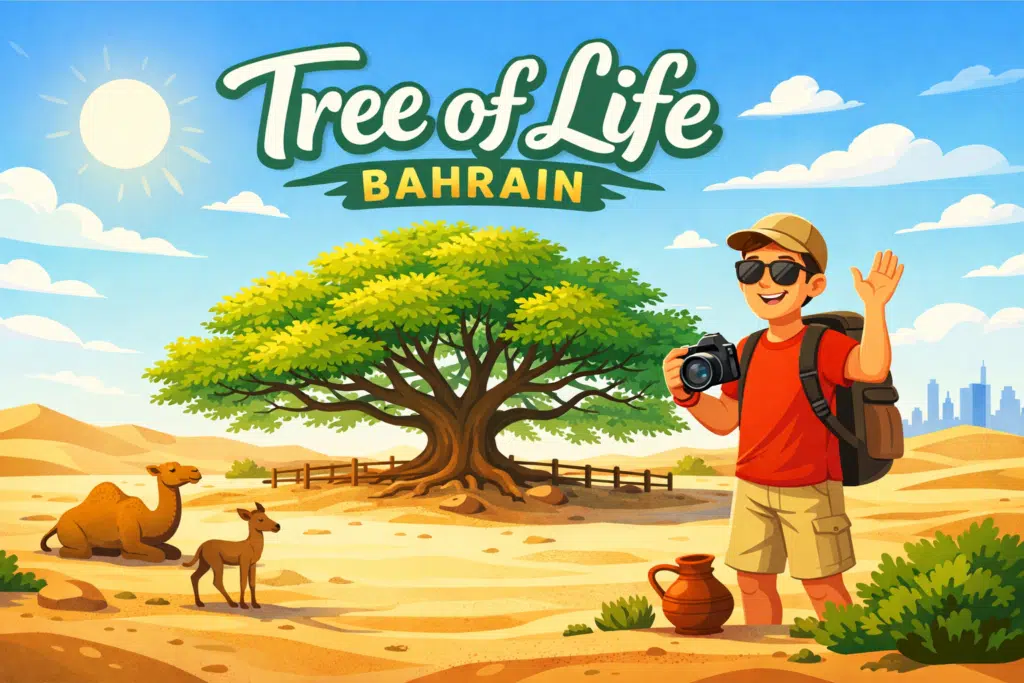 Tree of Life Bahrain desert landmark with tourist illustration and iconic lone tree in Arabian desert